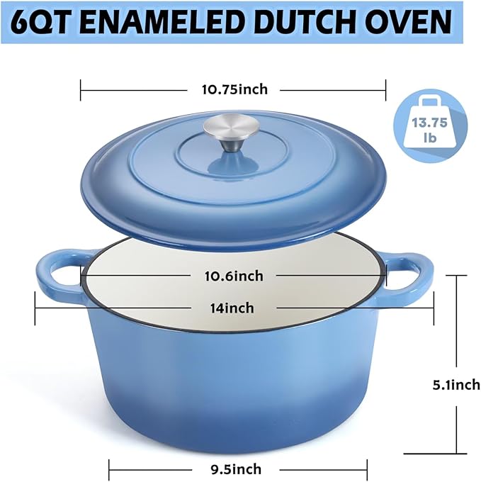 TeamFar 6QT Dutch Oven with Lid, Enameled Nonstick Cast Iron Dutch Oven Cooking Pot for Stewing Baking Braising, Various Stoves & Oven Safe, Toxic Free & Solid, Dual Handles & Easy Cleanup - Blue
