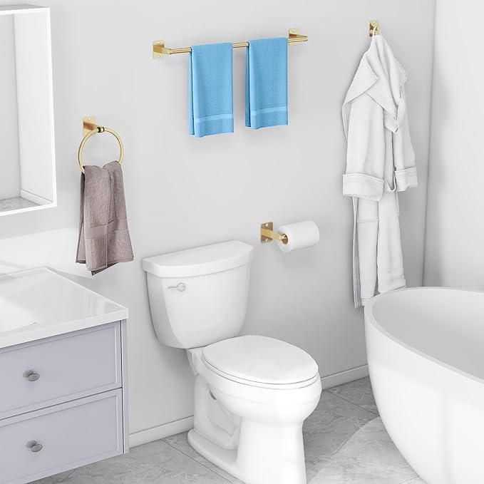 Bathroom Accessories Set, KLJKPA 4 Pieces Gold Bathroom Hardware Set, 24 inch Towel Bar, Towel Racks for Bathroom, Robe Towel Hooks, Toilet Paper Holder Wall Mounted