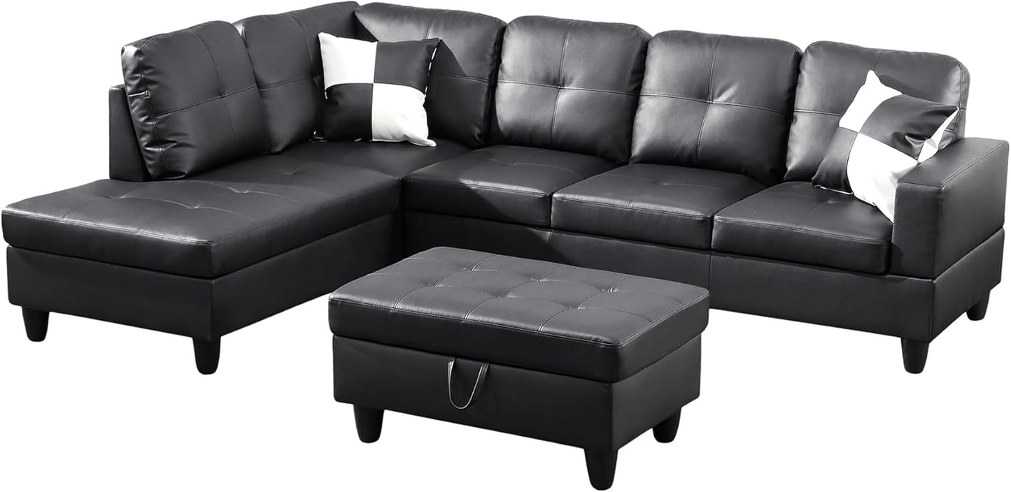 Osparple L Shaped Couch Faux Leather Sectional Couches for Living Room Upholstered 3 Pieces Modular Sectional Sofa with Chaise, Ottoman with Storage for Living Room and Small Apartment, Black