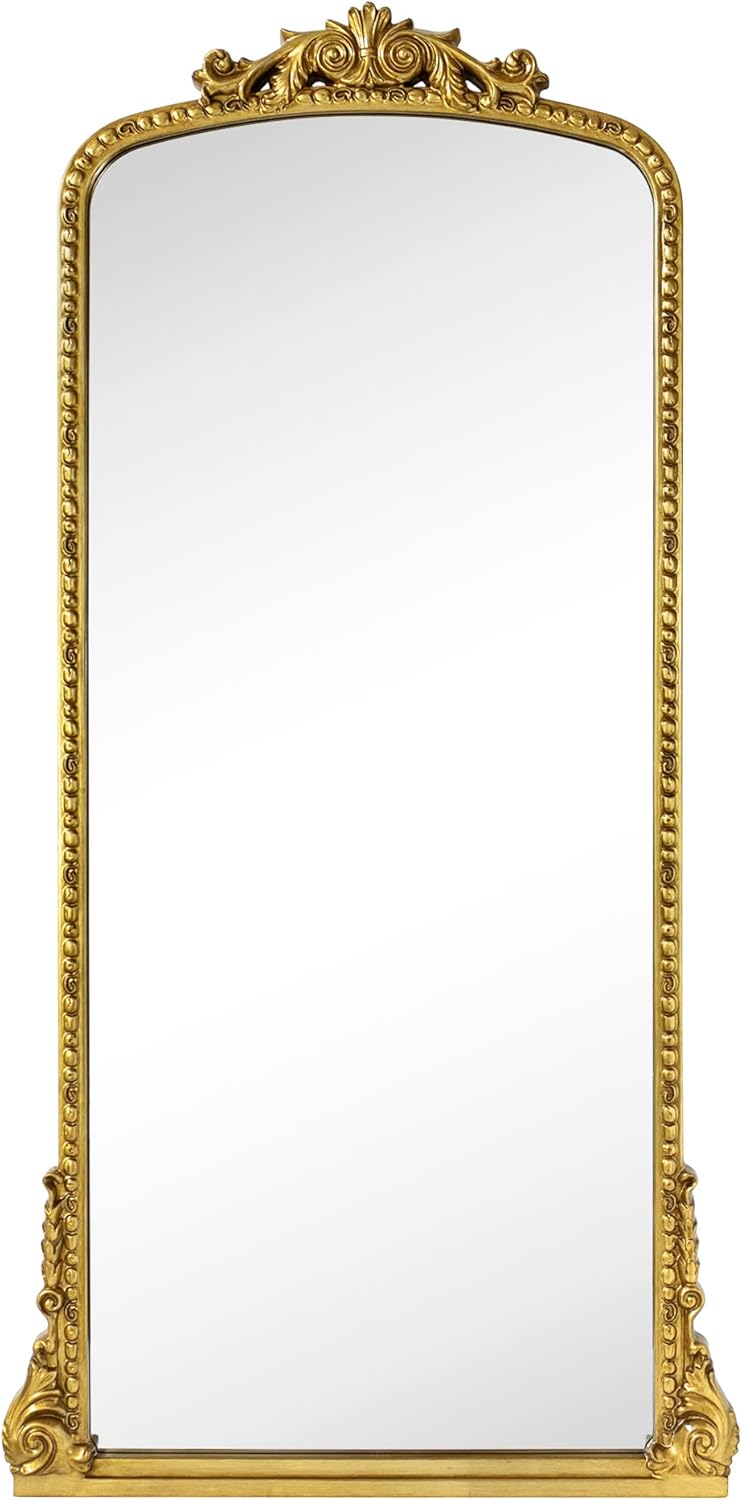 Traditional Ornate Floor Mirror Gold Arched Framed Full Length Wall Mirror Baroque Inspired Full Body Mirror, Antiqued Gold 30 x 60''