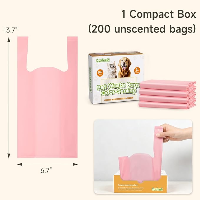 Odor-Sealing Dog Poop Bags with Handles 200 Count Pet Waste Bags, Large Capacity & Unscented Poop Bags for Dogs or Cat Litter, Conceals Smell & Mess (White)