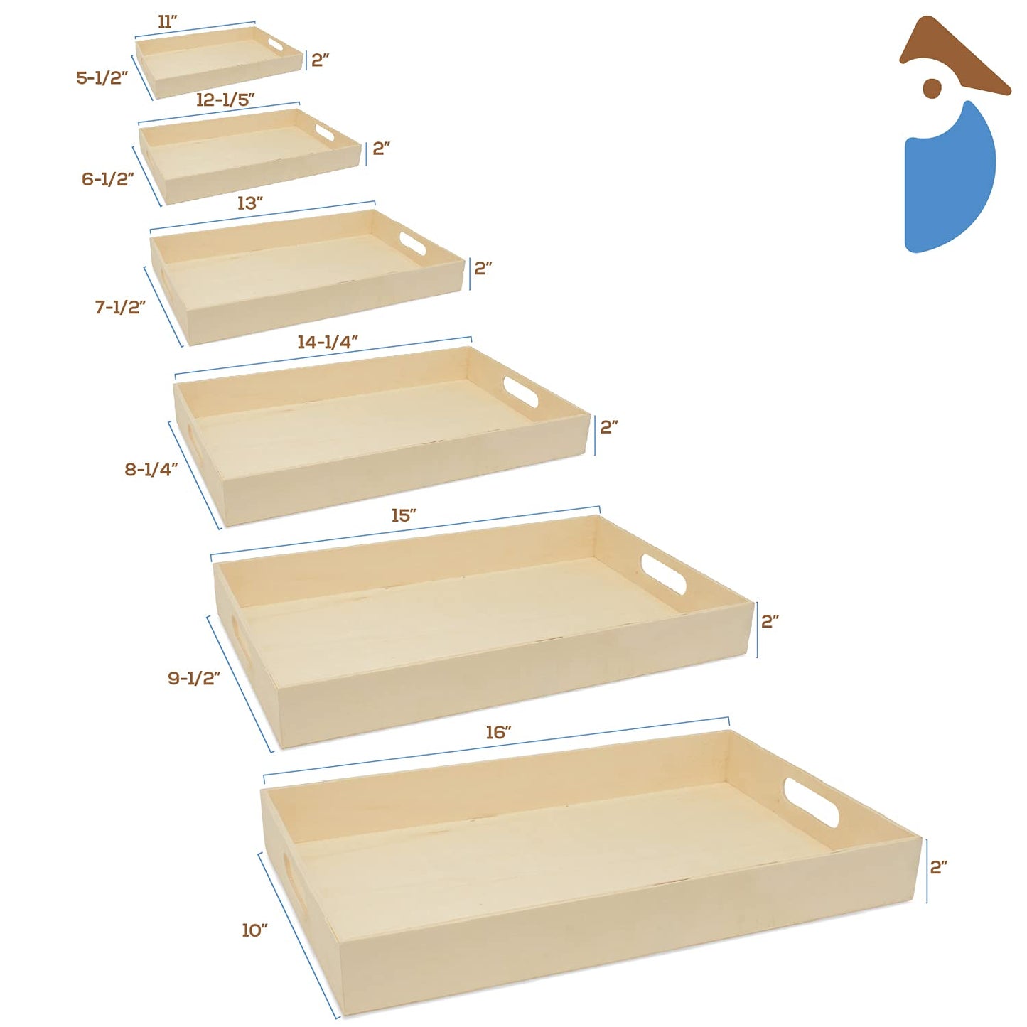 Unfinished Wood Nesting Trays with Handles, Set of 6, for Crafting, Resin, Organizing, DIY Décor, and Montessori Activity, by Woodpeckers