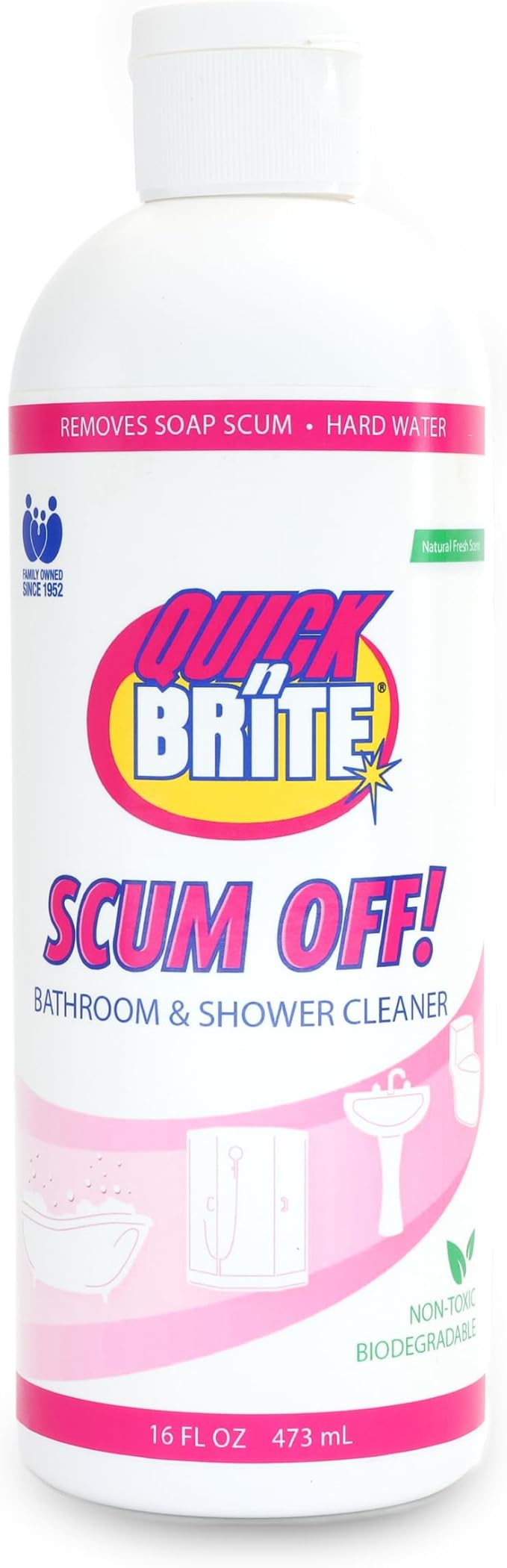 Quick 'n Brite Scum Off Shower Cleaner - No Scrub, No Harsh Chemical Daily Shower Cleaner, Multi-Surface All-Purpose Cleaner 16 Oz (Packaging May Vary)