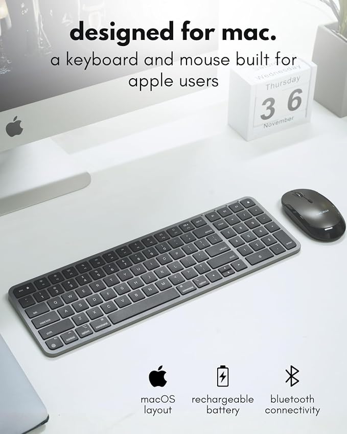 Macally Bluetooth Mac Keyboard and Mouse (Compact, Multi Device, Rechargeable) - Wireless Apple Keyboard and Mouse Combo - for Mac mini/Studio, MacBook Pro/Air, iMac, iPad, iPhone - Space Black