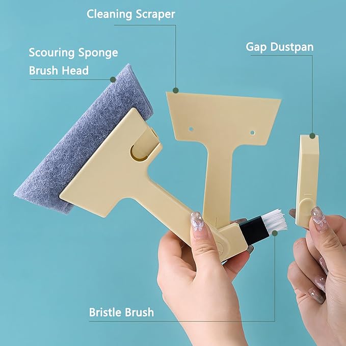 Window Track Cleaner Tool, 3Pcs 4-in-1 Groove Cleaning Brush (with Bristle Brush, Gap Dustpan, Scraper) + 4pcs Replacement Cloth, Washable Cleaning Gadgets for Sliding Door, Sill, Car Vents