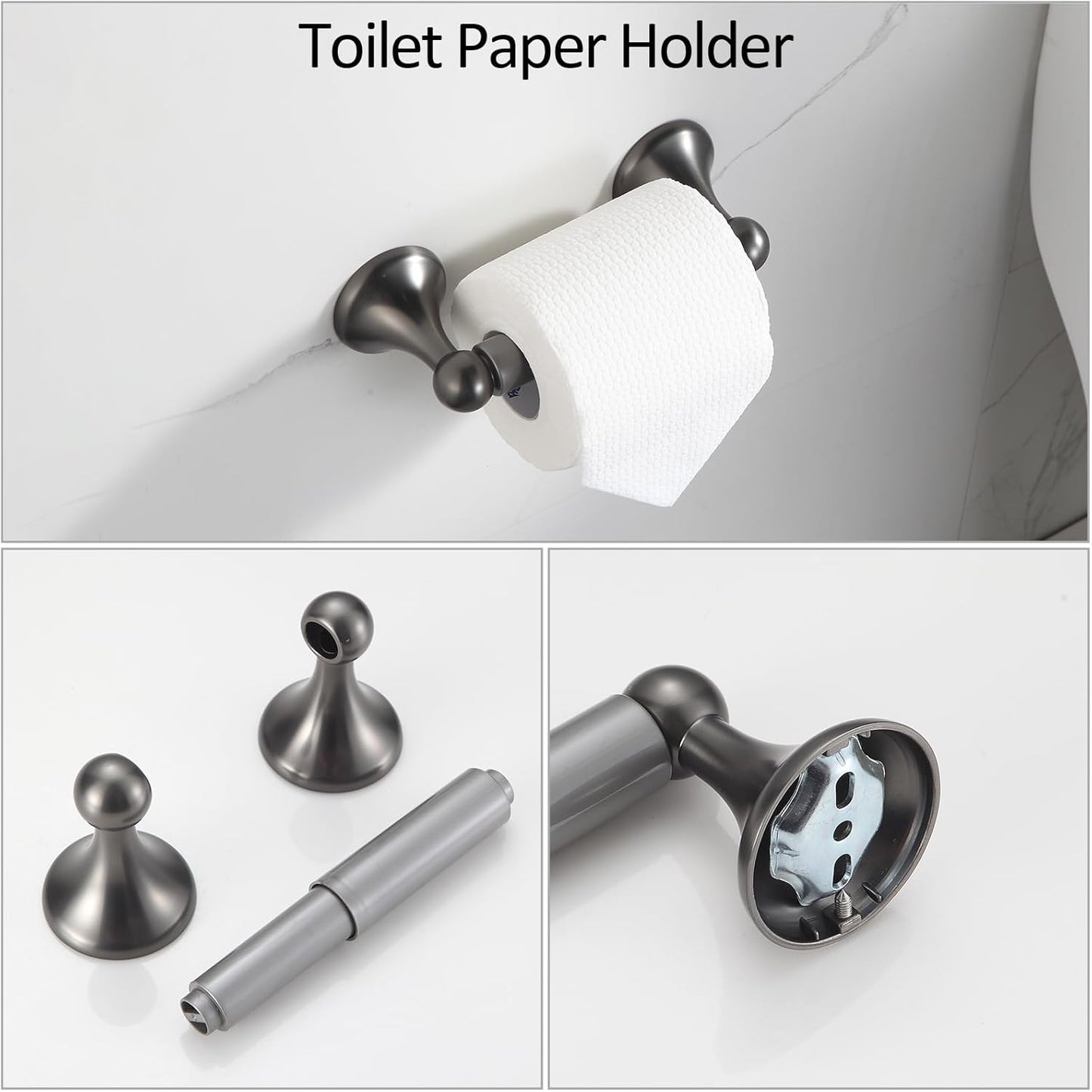 BGL Bathroom Hardware Set Grey Electroplating 4-Piece Bathroom Accessories Set Wall Mounted Adjustable Towel Bar Robe Hook Toilet Paper Holder Towel Ring Glossy Grey