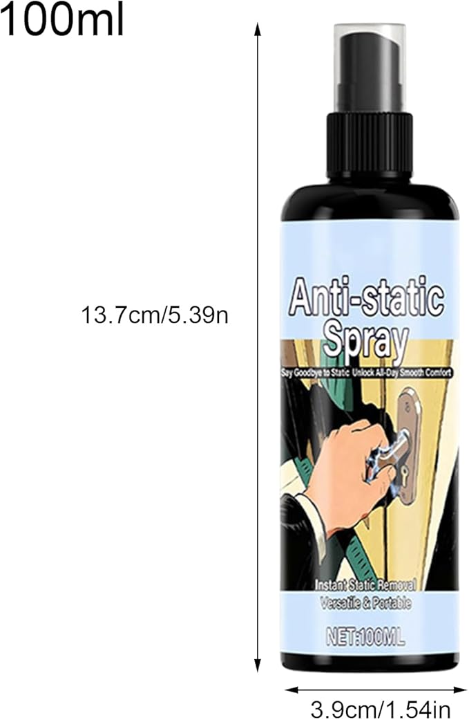 Anti-Static Spray, 100ml Clothing and Hair Mist for Women, Prevents Static on Hair, Clothes, Shoes, Travel, Home, Furniture, Bed, Couch, Ironing, and Laundry