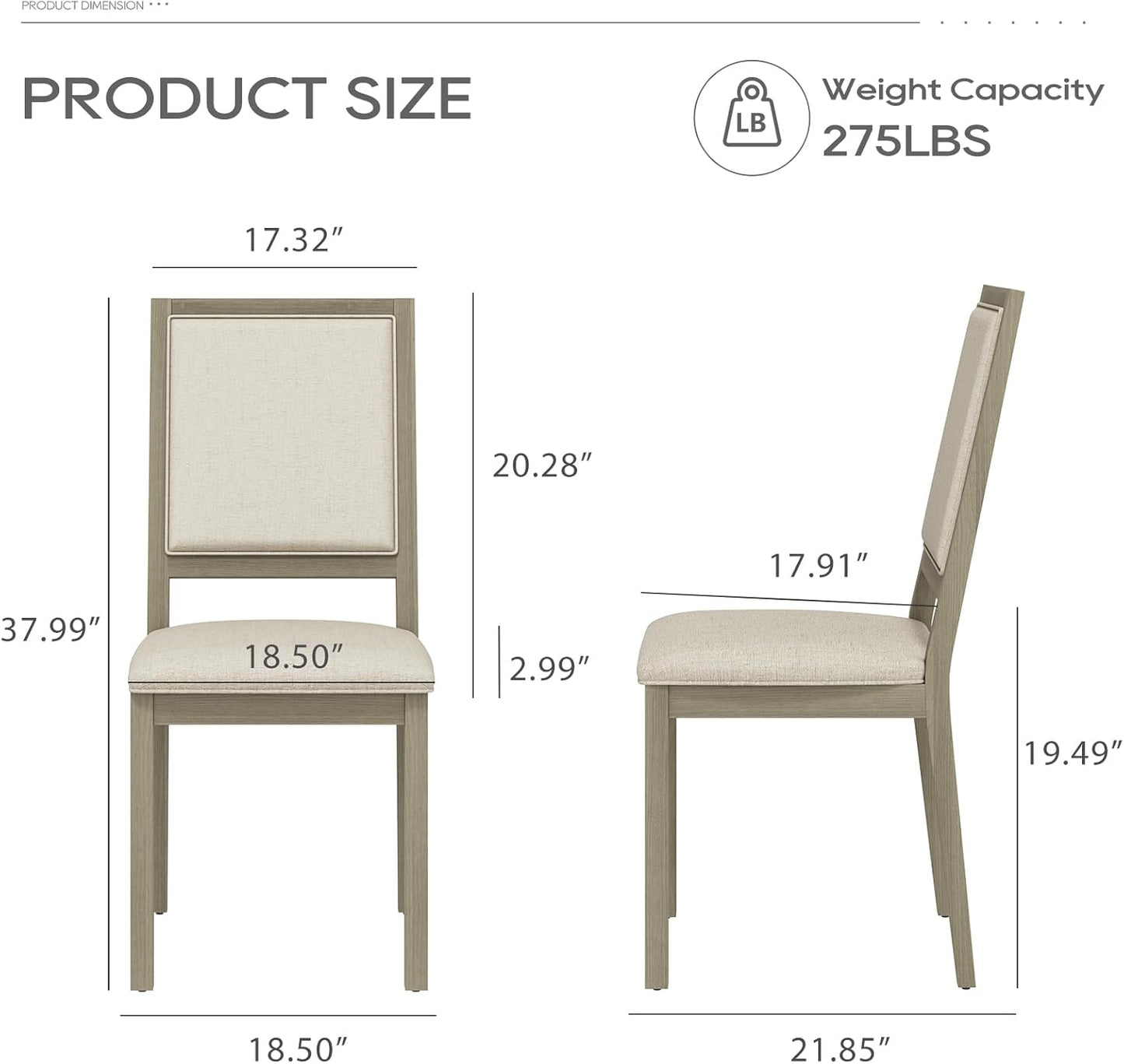 COLAMY Wood Dining Chairs Set of 2, Mid Century Modern Upholstered Kitchen Chairs,19 Inch Fabric Dining Chair with Back for Kitchen Dining Room,Grey