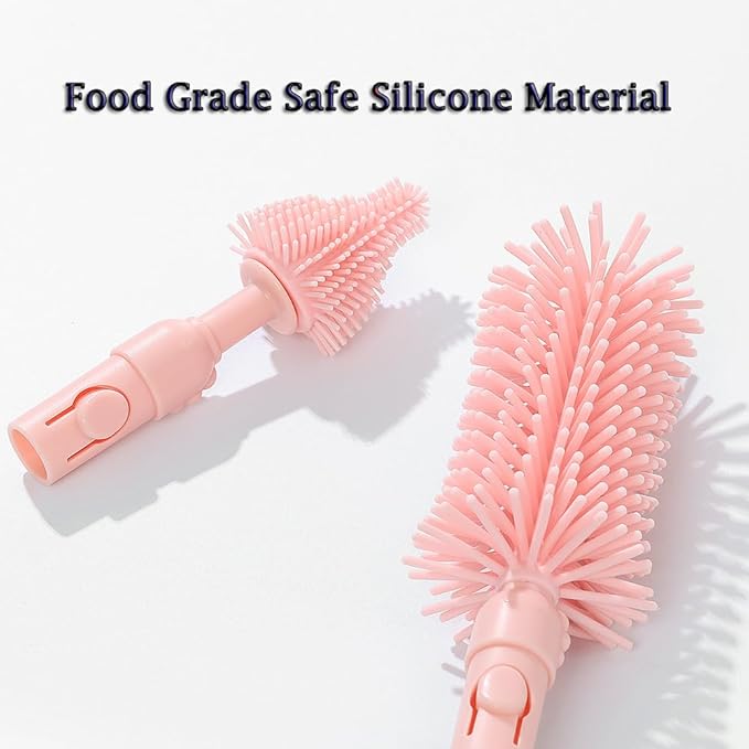 6 In1 Baby Bottle Brush Kit,Portable Silicone Bottle Brush Cleaner Set with Straw Brush,Nipple Brush,Drying Rack,Soap Dispenser,Storage Bag for Travel or Home,Stocking Stuffer(Pink)