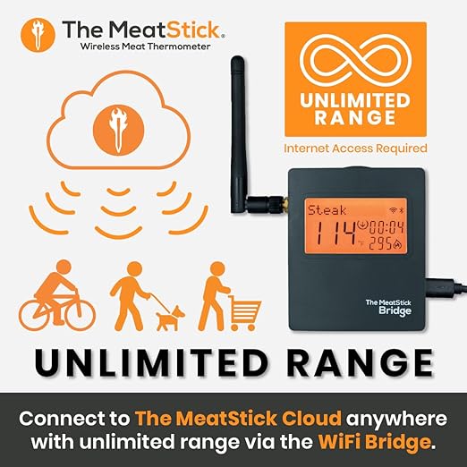 MeatStick 4X WiFi Kit [Unlimited Range] | Quad Sensors Smart Wireless Meat Thermometer with Bluetooth | for Smoking, Grilling, BBQ, Air Fryer, Deep Frying, Oven, Sous Vide, Rotisserie