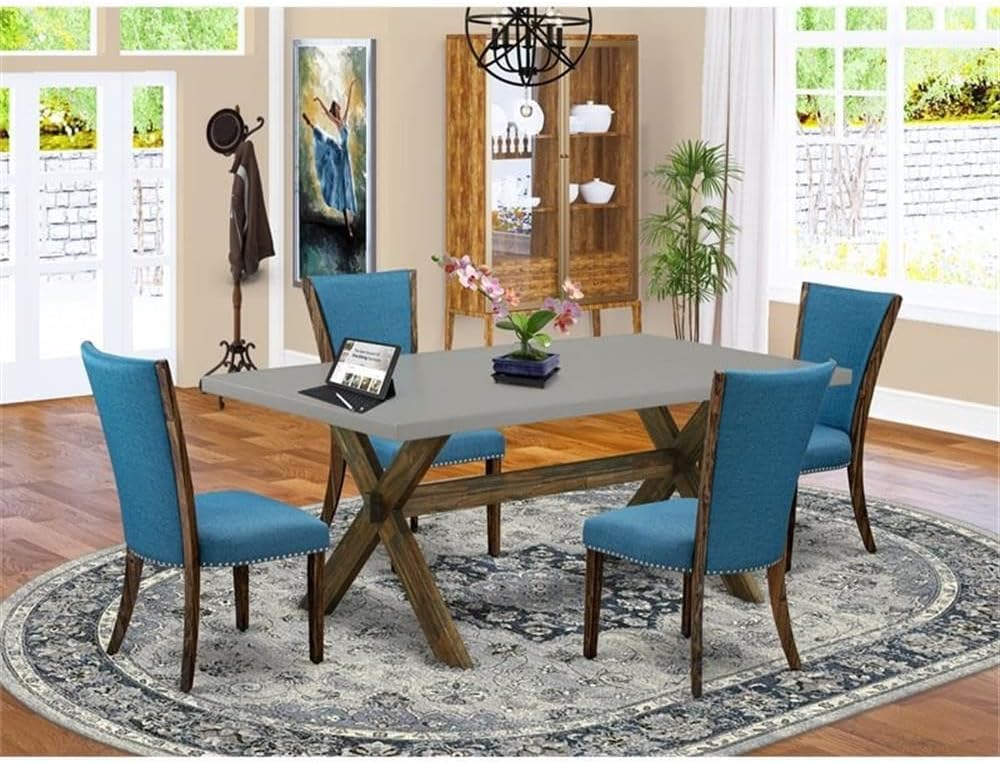 East West Furniture X797VE721-5 5 Piece Dining Table Set Includes a Rectangle Dining Room Table with X-Legs and 4 Blue Color Linen Fabric Parsons Chairs, 40x72 Inch, Multi-Color