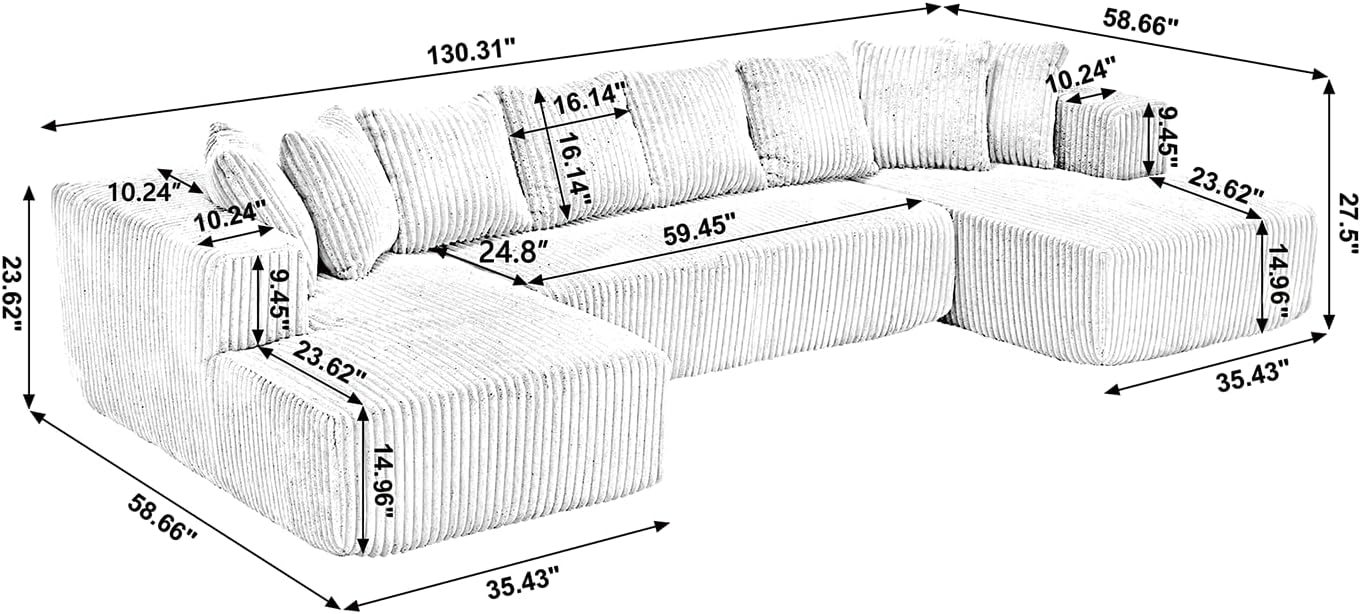 Eafurn Free Combination Cloud Boneless Modular Sectional Sofa with Chaise Lounge,Modern Minimalist Upholstered Couches, Oversized U Shaped Lounge Sofa Couch w/ 8 Pillows
