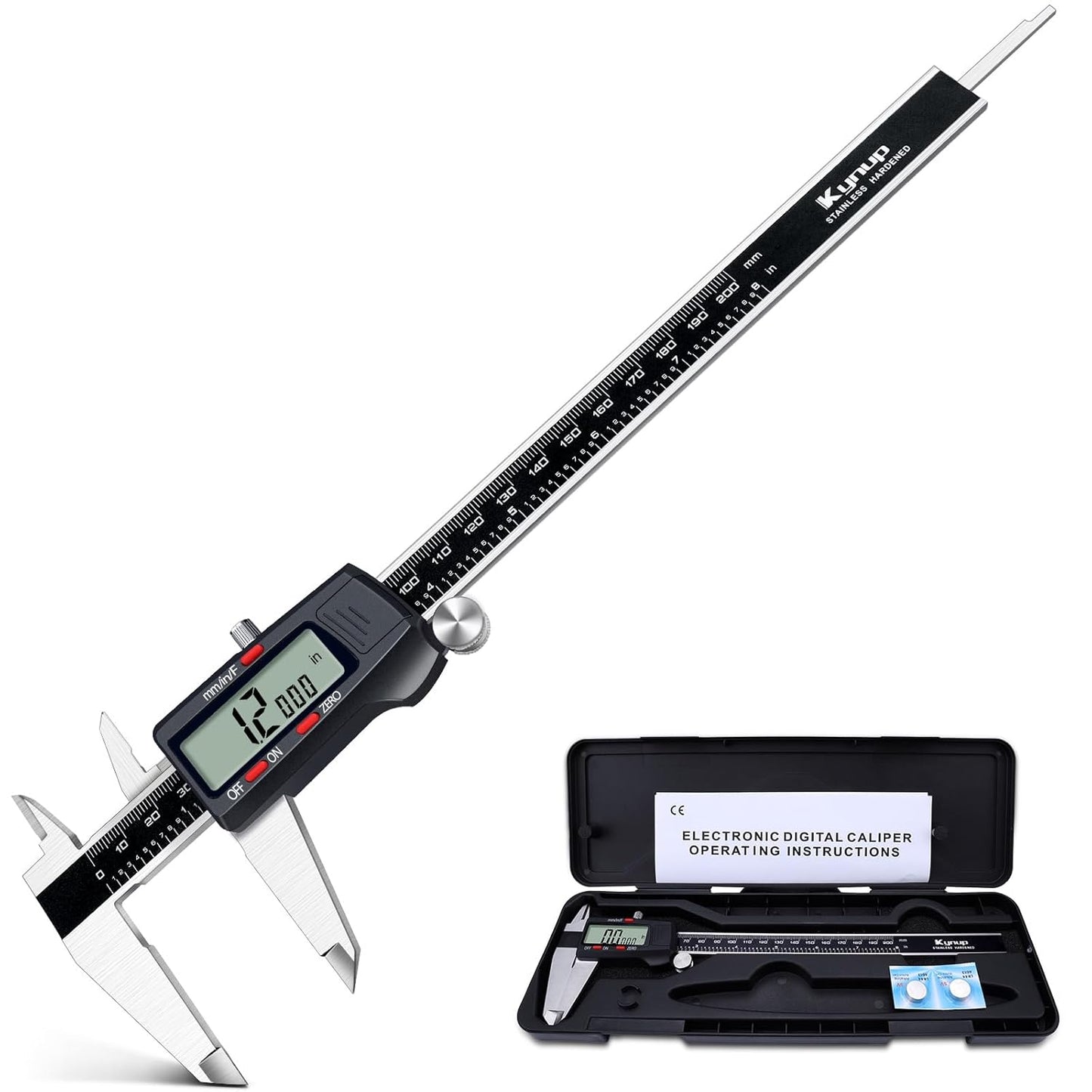 Kynp Digital Caliper, 8 Inch Micrometer Caliper Tool, Vernier Caliper Gages with Stainless Steel Body, Large LCD Screen, Auto - Off Feature, Inch Metric Fraction Conversion (200mm)