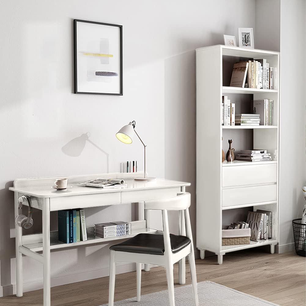 IOTXY White Mid-Century Bookcase with Legs - 67" Tall Open Shelves Cube Billy Bookshelf with Double Drawers for Home and Office