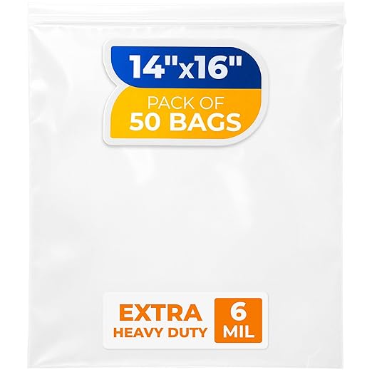 14" x 16" Large Zip Seal Lock Bags, 6 Mil (Pack of 50) – Heavy-Duty Reclosable Plastic Bags – Clear, Resealable, Waterproof – For Storing and Organizing Clothes, Jewelry, and Travel Items