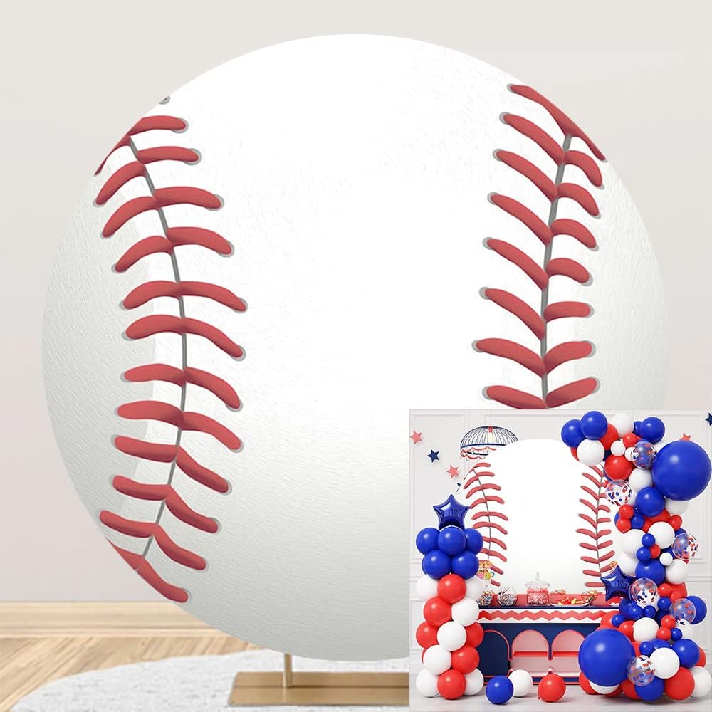 Leyiyi 6x6ft Baseball Birthday Round Backdrop Cover Polyester Sports for Boys Kids Party Red White Photography Background Newborn Gender Reveal Cake Table Banner Decoration,6x6ft-Diameter