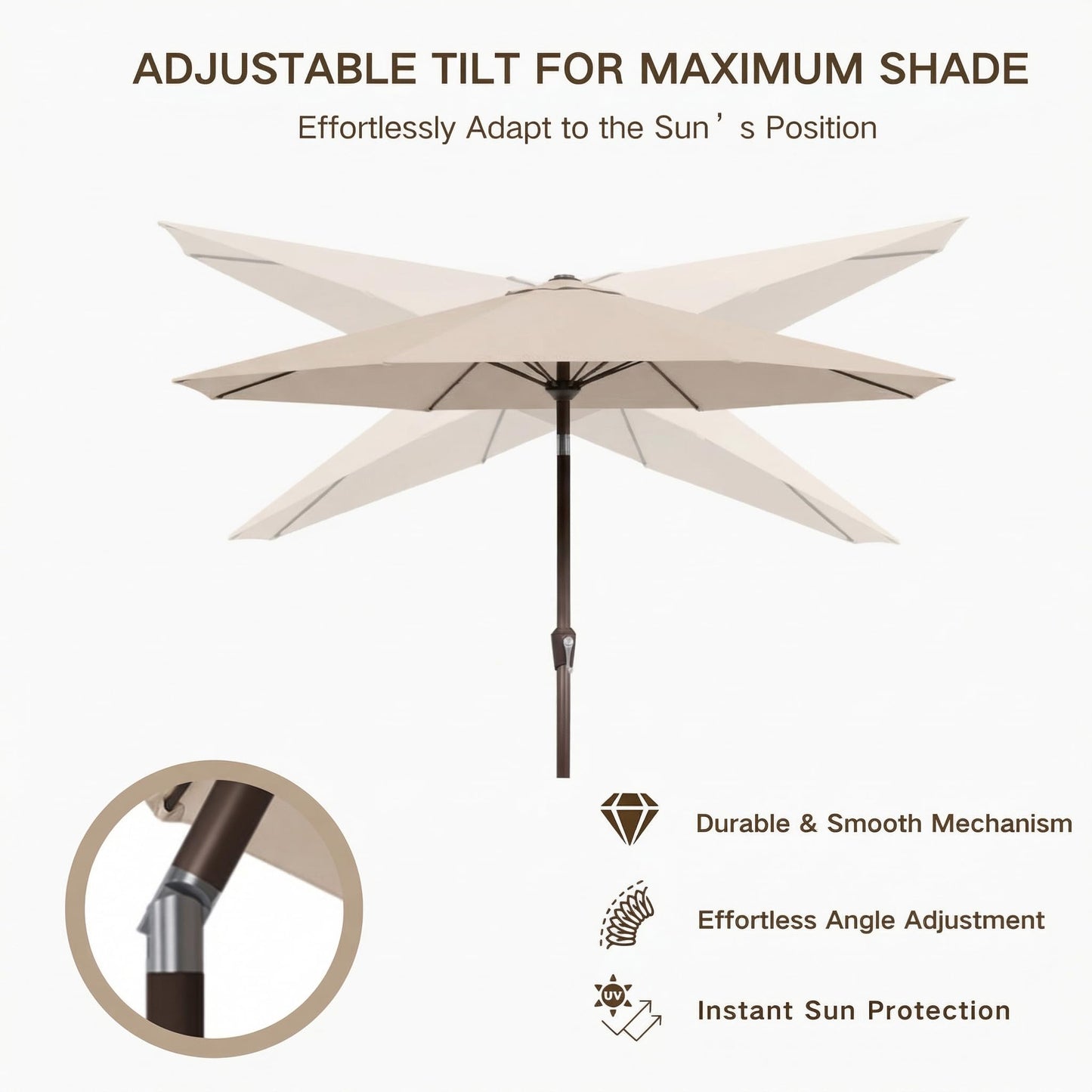 Kingdura 10FT Outdoor Patio Umbrella with Solar Lights, Market Table Umbrella with Push Button Tilt & Crank, 8 Sturdy Ribs, 32 LED Lights, UV Protection for Garden Lawn Deck Backyard Pool (Beige)