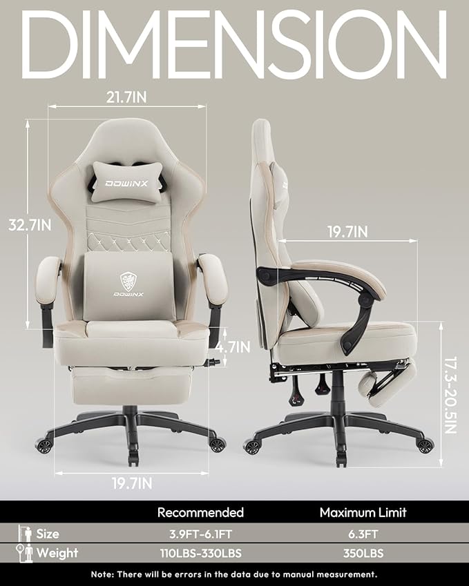 Dowinx Gaming Chair with Footrest, Breathable Fabric Gamer Chair with Gel Pad and Storage Bag, Ergonomic Office Chair with Lumbar Support for Home Task, Beige