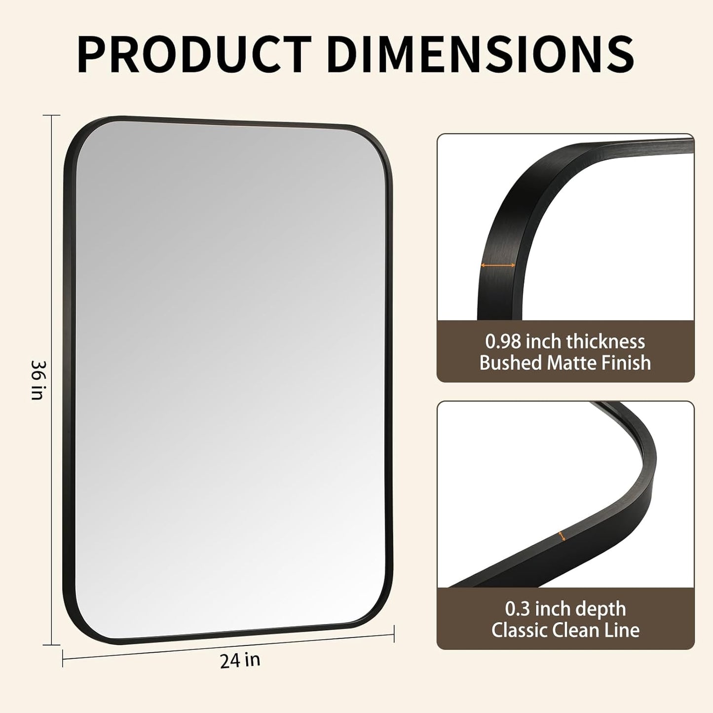 Black Bathroom Mirror, 24x36 Inch Aluminum Frame Rectangle Mirror, Anti-Rust, Tempered Glass, Wall Mirror for Over Sink, Vanity, Bedroom, Entryway, Horizontal/Vertical