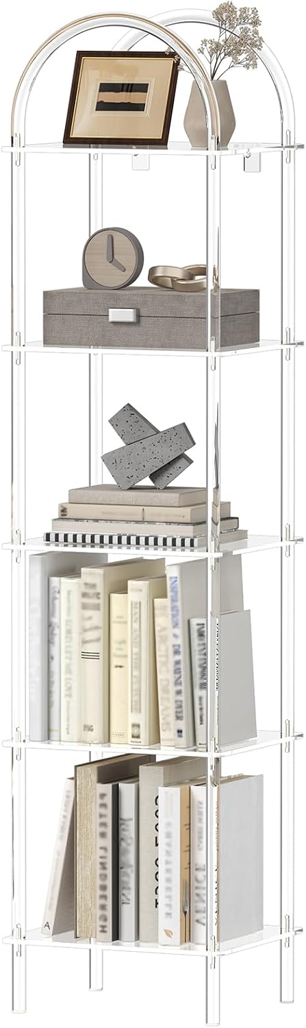 5-Tier Acrylic Arched Bookcase, Clear Narrow Bookshelf for Small Space, 13.8''W x 11.8''D x 57.1''H, Open Display Book Shelves for Home Office, Living Room, Bedroom, Modern