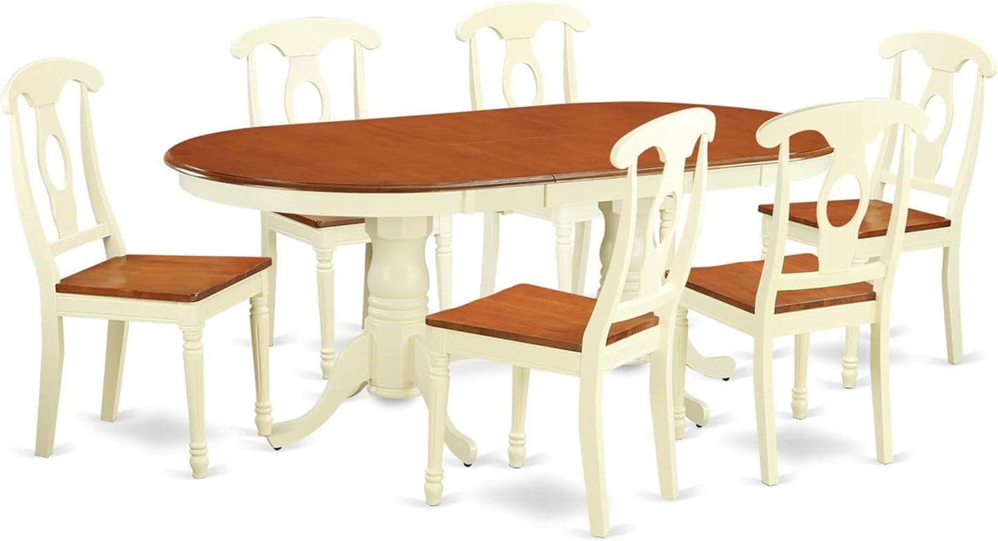 East West Furniture PLKE7-WHI-W 7 Piece Modern Dining Table Set Consist of an Oval Wooden Table with Butterfly Leaf and 6 Dining Chairs, 42x78 Inch, Buttermilk & Cherry