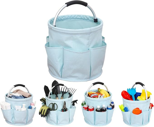 17L Foldable Storage Basket with 6 Side Pockets Cleaning Caddy with Handle Folding Storage Bin for Home Bathroom Camping Gardening (Light Blue)