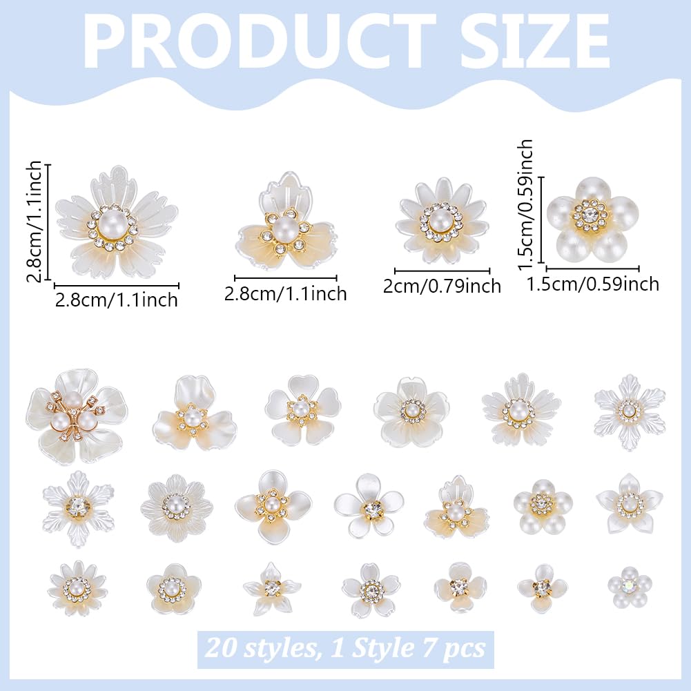 PLIGREAT 140 Pcs Rhinestone Buttons, Pearl Buttons Flat Back Flower Rhinestone Button Embellishments for Crafts Jewelry Making DIY Wedding Party Hair Bouquet Clothes Bags Home Decoration, 20 Styles