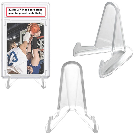 LRANFOW Thickened Acrylic Card Stands Mini Easel Holder, Sports Card Stands, Trading Graded Card Stand for Displaying Pocket Graded Card Challenge Medals Casino Chips, 22 Pack 2.7 Inch Tall Clear