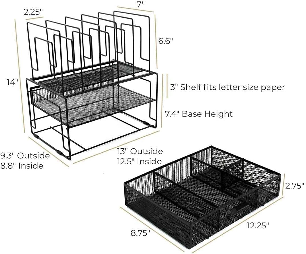 BLU MONACO Black Desk Organizer with File Sorters & Drawer | Metal Mesh Workspace Storage Rack | Desktop Organizer for Office Supplies, Papers & Folders | Multi-Compartment Desk Organization System