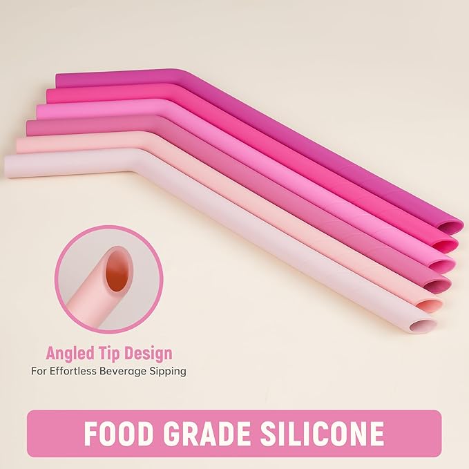 NiHome 6PCS Extra Wide Reusable Bent Silicone Straws for Boba, Smoothies, Bubble Tea, Eco-Friendly Bent Straws for Thick Drinks, Child-Safe, Customizable Length, 2 Brushes for Cleaning (Pink Gradient)