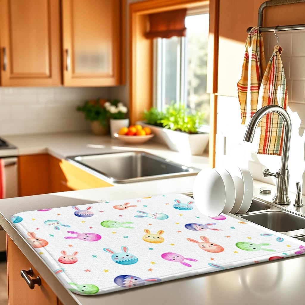 Easter Dish Drying Mat for Kitchen Counter 16''x18'' Microfiber Absorbent, Small & Compact Red Kitchen Draining Mat for Countertops Dish Drainer Mat Drying Pad Foldable Utensils, and Cookware