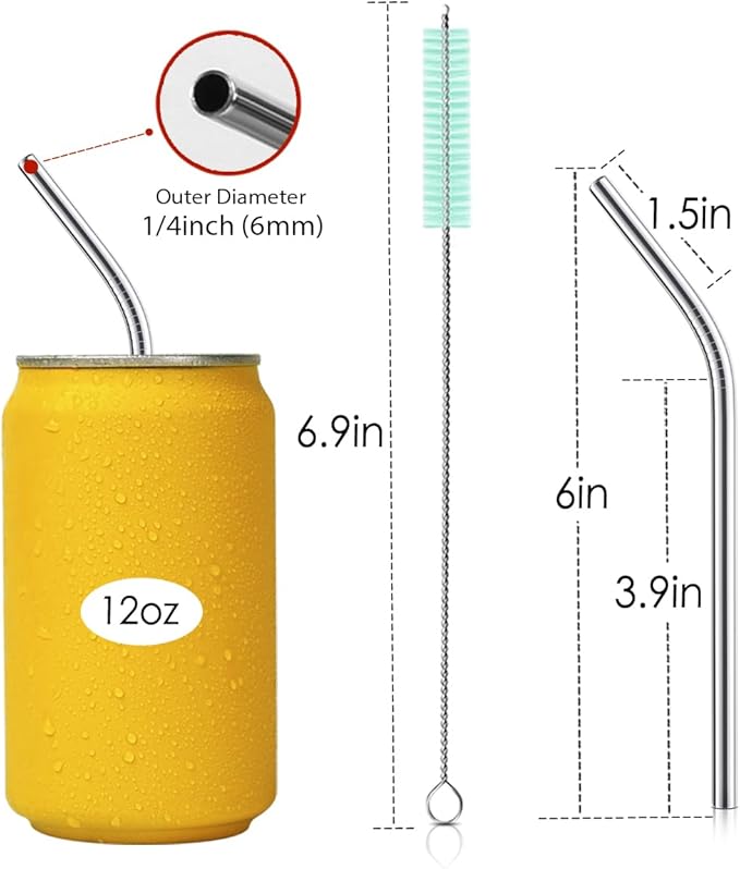 Teivio 8 Pack Short Stainless Steel Straws 6 inch Bent Metal Reusable Straws with Silicone Tips and Case, Cleaning Brush and Carry Bag for Cocktail Glasses, Small Cups