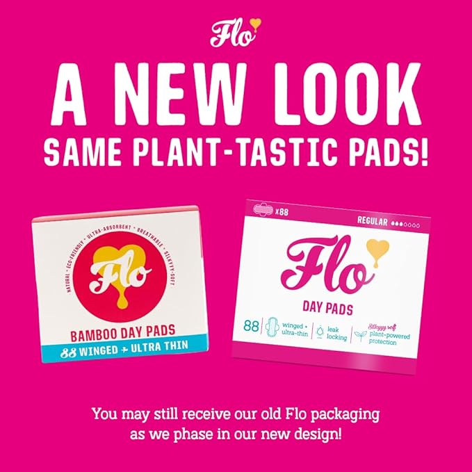 Flo - Day Menstrual Pads (88 Pack) - Regular Flow - Leak Locking - Winged + Ultra-Thin - Natural, Absorbent, Soft, & Breathable - Bamboo Period Pads for Women - Plant Based - Vegan & Cruelty Free