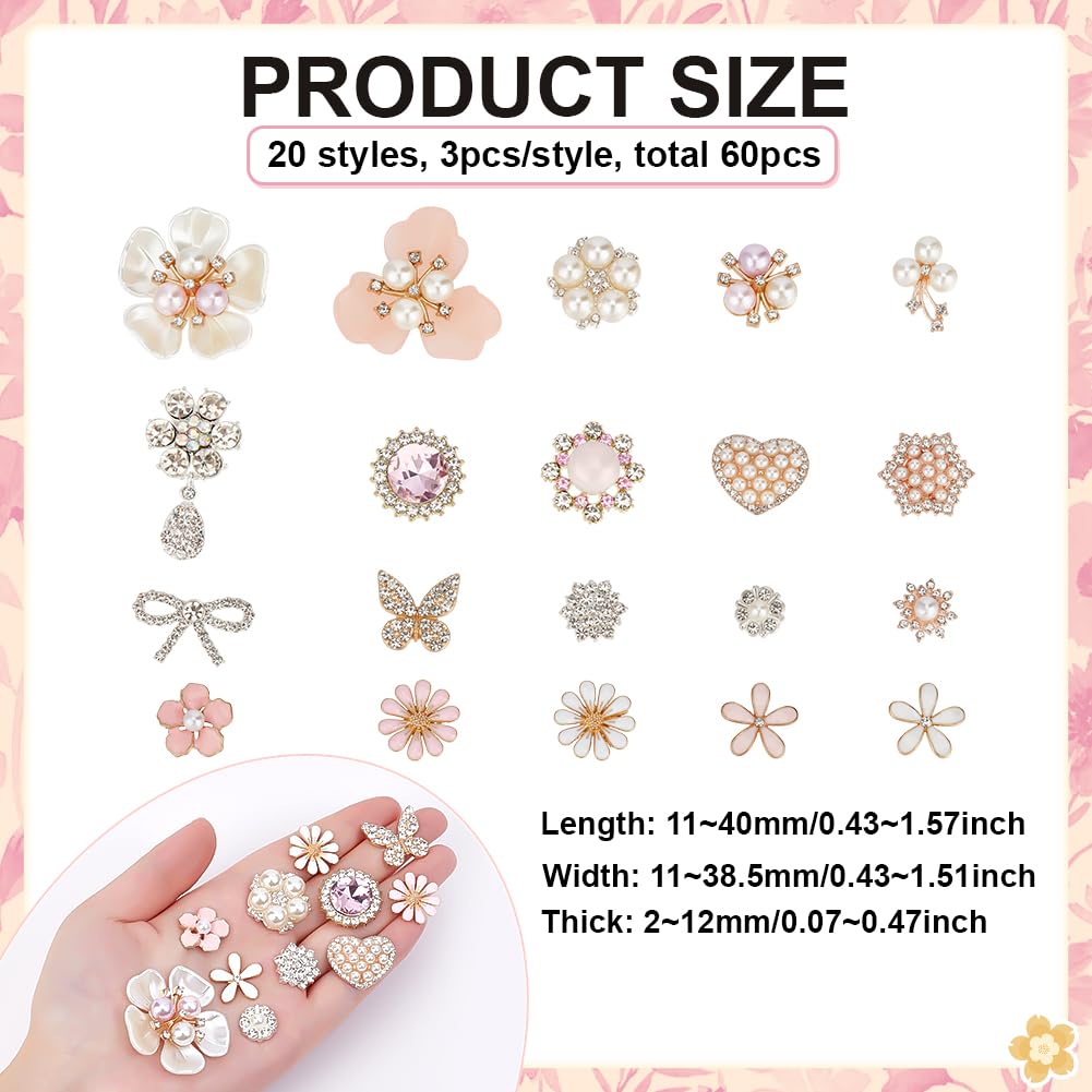 PH PandaHall 20 Styles Rhinestone Cabochon 60PCS Faux Pearl Embellishments Flat Back Butterfly Heart Bowknot Cabochon Flower Enamel Brooch for Jewelry Making Clothes Bags Hair Accessory Wedding