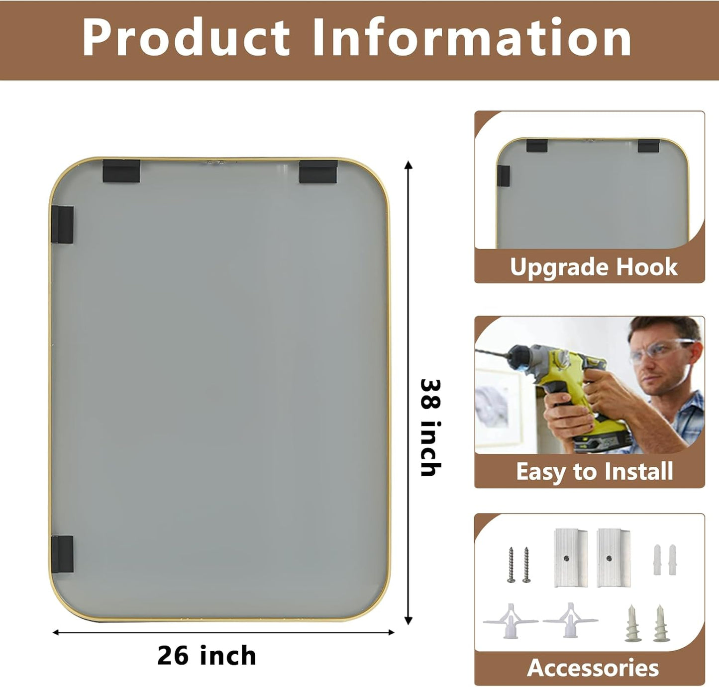 Brushed Gold Mirror, 26"x38" Rectangle Bathroom Mirror, Metal Frame Rectangle Corner Vanity Mirror, Wall Mounted Mirror for Modern, Living Room, Bedroom, Horizontal Or Vertical
