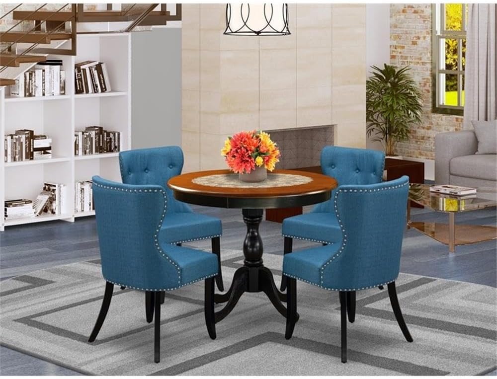 East West Furniture AMSI5-BCH-21 5 Piece Dining Room Furniture Set Includes a Round Kitchen Table with Pedestal and 4 Blue Linen Fabric Parsons Dining Chairs, 36x36 Inch, Black & Cherry