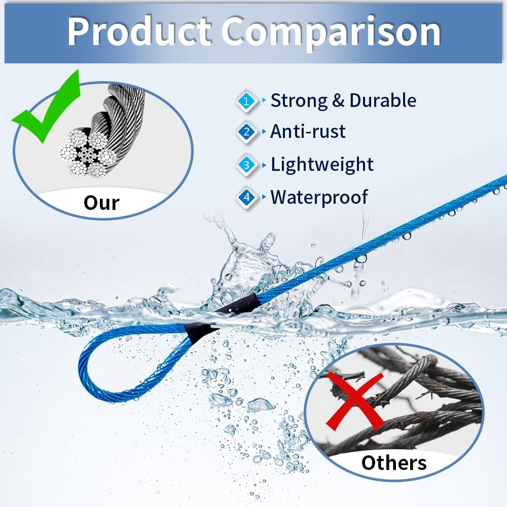 3.3mm (1/8 Inch) Outdoor Travel Stainless Steel Security Cable-10ft Luggage Lock Safety Wire Flexible Steel Wire Rope with Double Loop Safety for Luggage, Bike, Lock(Blue, 10ft-(1Pack)