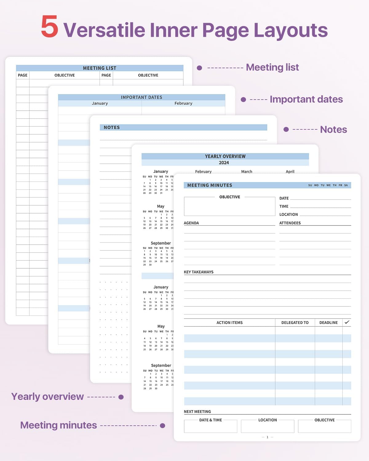 WEMATE Meeting Notebook for Work, Work Planner Notebook With Action Items, B5 Size Project Planner, Easily Take Meeting Notes & Keep Agendas on Track, Calender, Index Page, Inner Pocket, 7×10 Inch, Purple