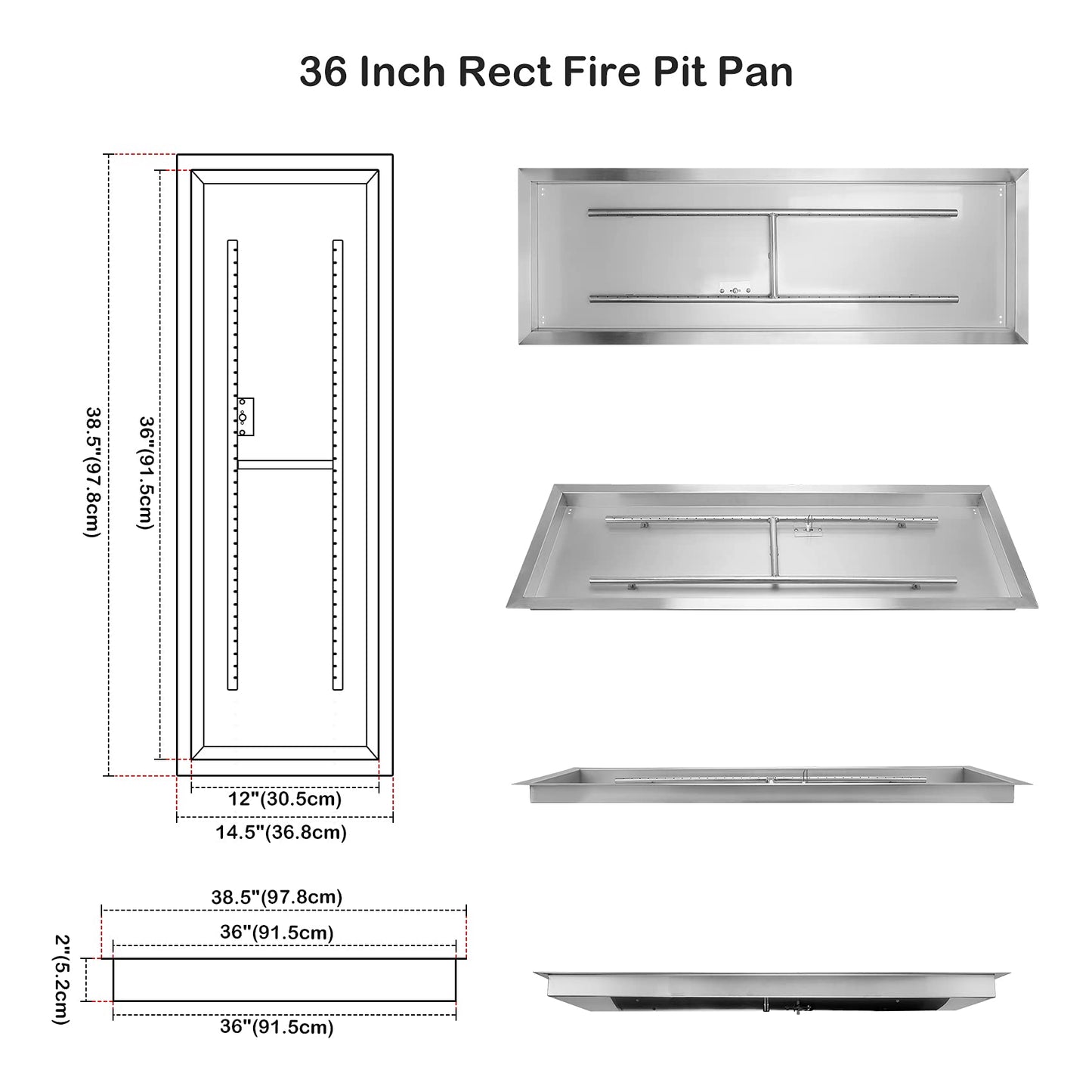 Stanbroil 36 x 12 Inch Rectangular Drop-in Gas Fire Pit Kits with All Accessories Required for DIY Fire Pit Project, Propane Gas Version, 150,000 BTU’s Max