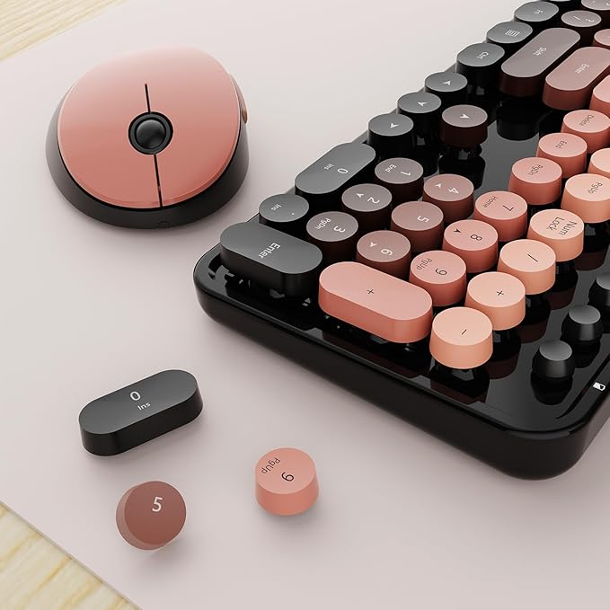 Wireless Keyboard and Mouse Combo, Retro Typewriter Keyboard with Round Keycaps, Full-Size Ergonomic, Aurora Red, Ideal for Windows PC, Home, Office, and College