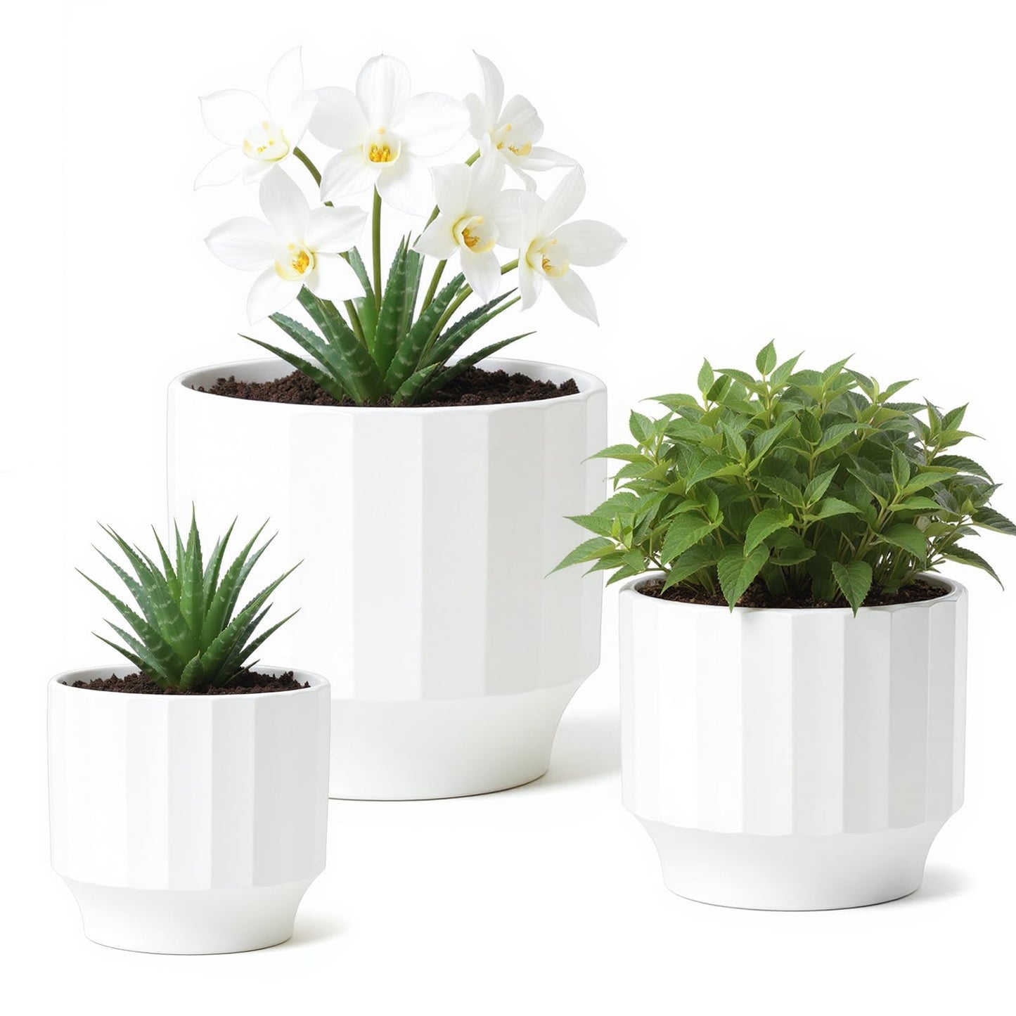 OXART Ceramic Plant Pot, 7.6+6.2+5 inch Planter with Drainage Hole, Set of 3 Modern Plant Pots for Intdoor/Outdoor, Home Garden Flower Pots for Plants Cacti, Succulents, Snakes, and Pothos, White