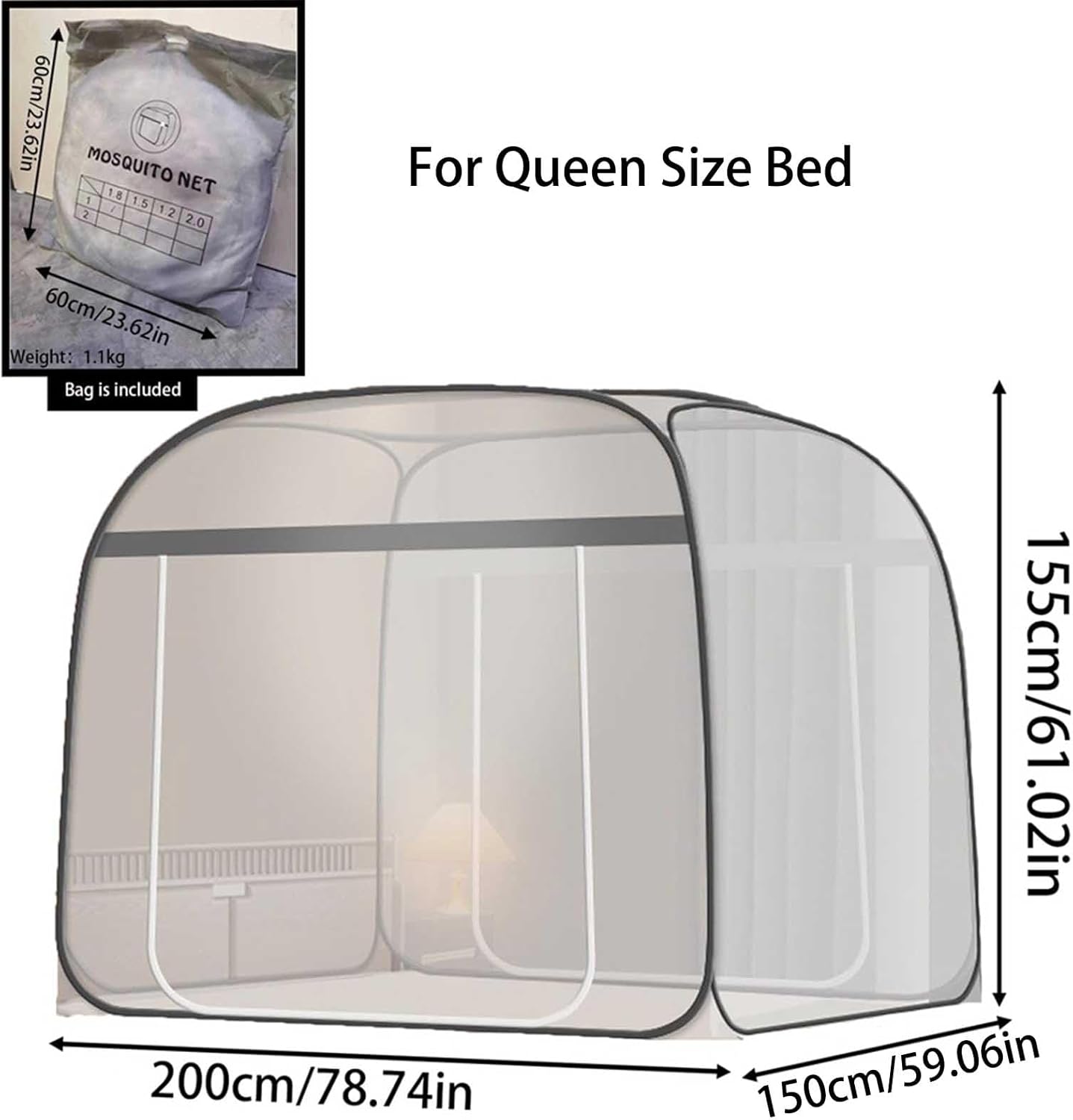 Pop-Up Mosquito Net Tent for Beds Portable Folding Canopy with Net Bottom, Fits Twin to King Size 79x71x59inch, Easy Install Wash for Baby Adults, Indoor Outdoor Use (Gray-Queen Bed)