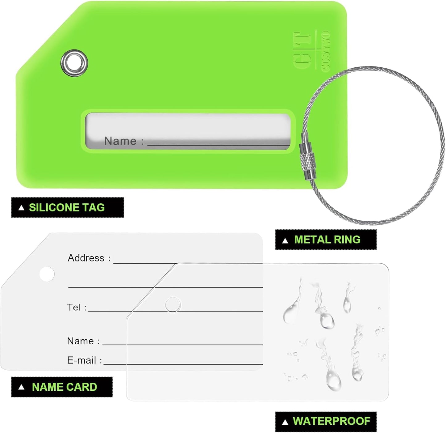 8 Pcs Luggage Tags for Suitcases, 26 Initial Letter Travel Luggage Baggage Identification Labels ID Tags Fully Bendable Tags with Stainless Steel Loop (Letter E, Green)