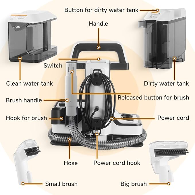 Hoteche Portable Carpet Cleaner Machine, Powerful Handheld Spot Extractor for Pet Stains, Upholstery & Car Interior Cleaning, Dual Tank System, Lightweight Electric Carpet Shampooer with Accessories