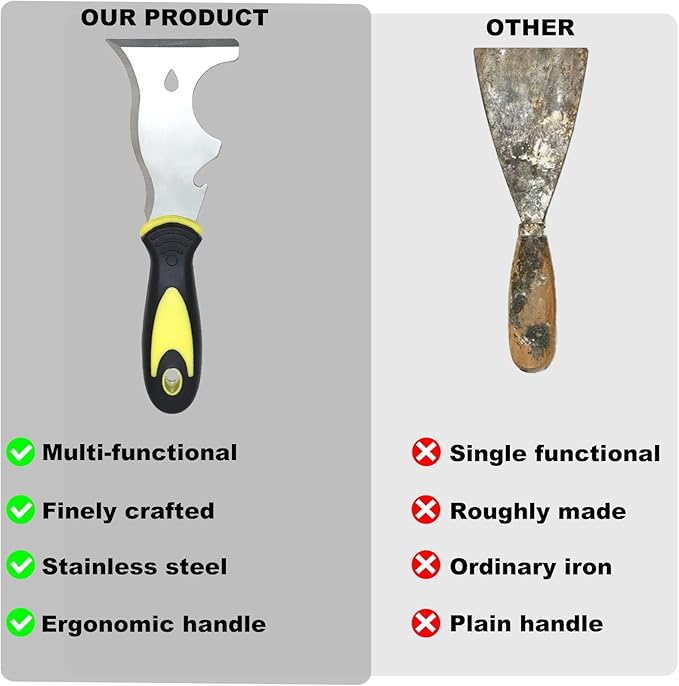 9-in-1 Painter's Tool, Straight Scraper, Gouger, Roller Cleaner, Curved Scraper, Bottle Opener, Can Opener, Nail Puller, Screwdriver, Hammer | Stainless Steel/Soft Grip Handle