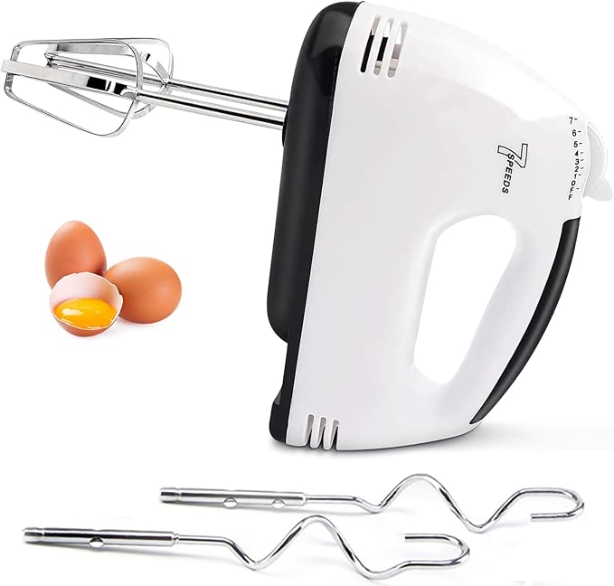 7-Speed Electric Hand Mixer with 5 Stainless Steel Accessories, Eject Button Handheld Whisk Food Beaters for Blending or Cooking, Dishwasher Safe, Off-white