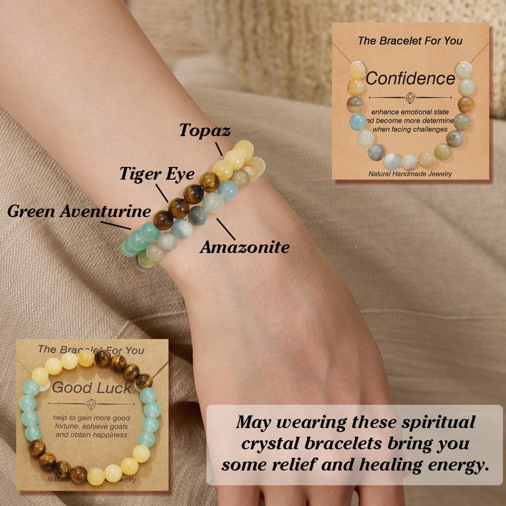 BOMAIL 9 PCS Healing Crystal Bracelets for Women 8 MM Natural Stone Beaded Bracelet Protection Anxiety Spiritual Stretch Bracelet for Women Men