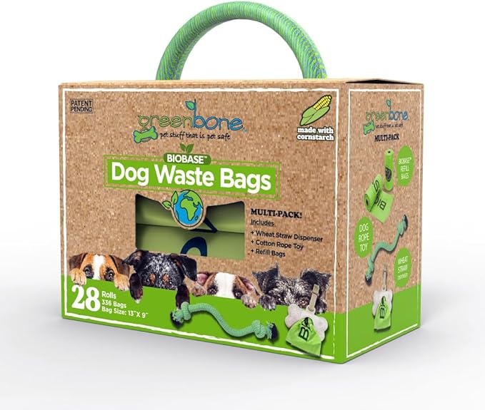 Greenbone BioBase Green Dog Poop Bag Refills: 28 Rolls - 336 Bags with Dispenser and Rope Toy Handle- Dog Gift Set