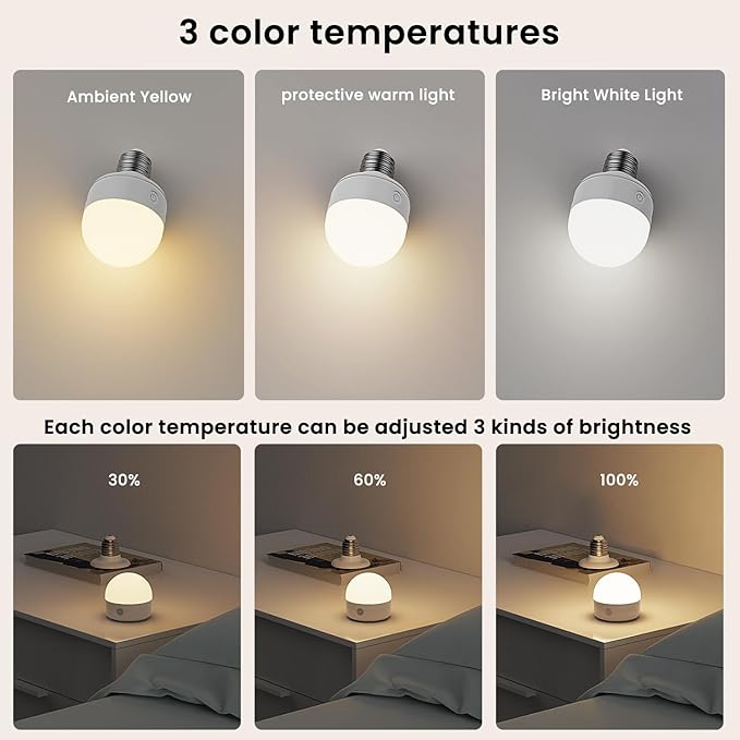 SCOPOW 4Packs E26 Rechargeable Light Bulbs with Remote and Timer, 8W 600lm Bright Magnetic Light Bulbs, 2500mAh Battery Operated Lightbulbs, 3 Color Temperature, Dimmer for Non-Hardwired Lamp