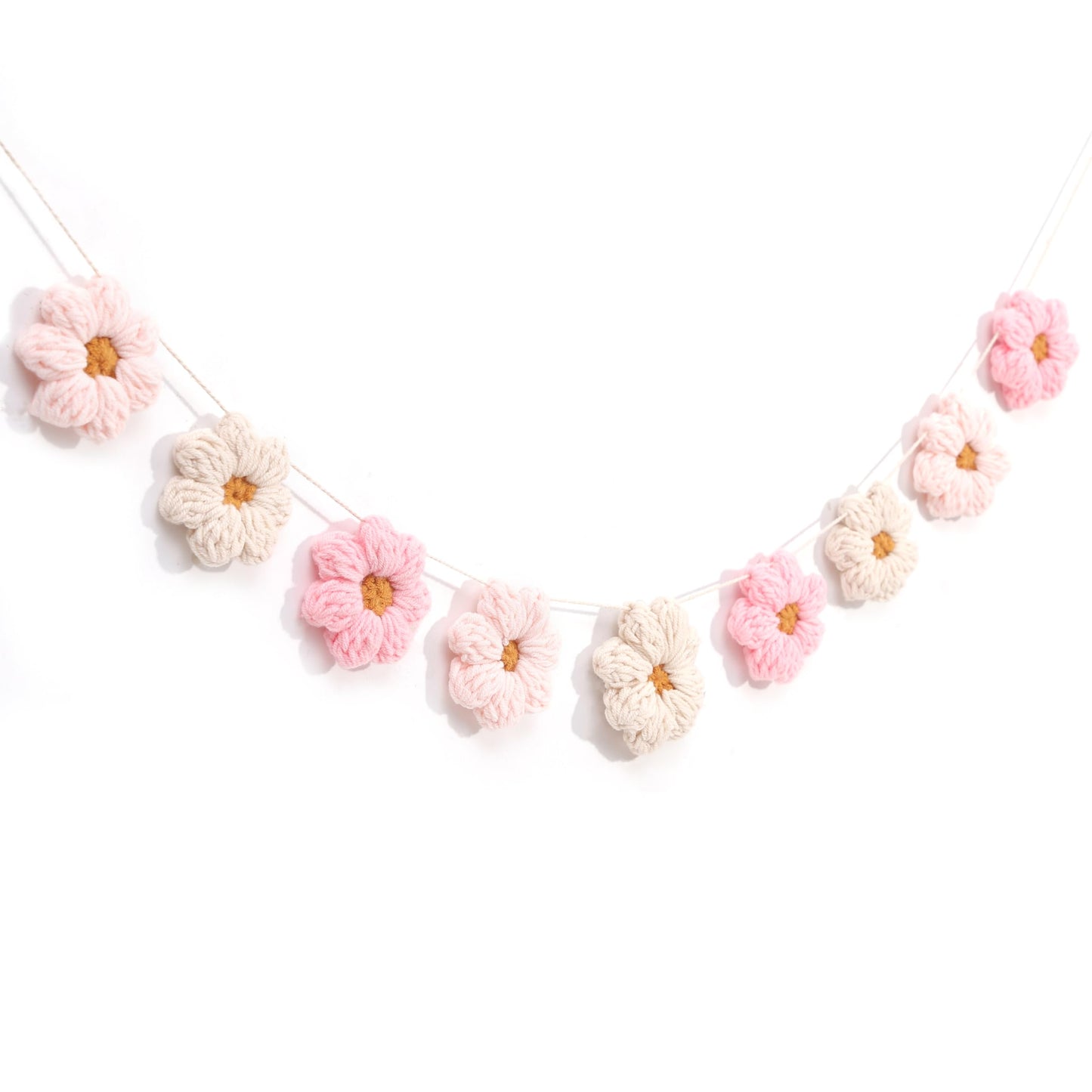 Boho Crochet Daisy Garland - Pink and Beige Yarn Floral Banner for Baby Girl Nursery Decor, Handmade Daisy Garland for Birthday Party, Boho Room Wall Hanging Decoration, Groovy one Birthday Decor